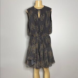 Reiss Stefania Printed Keyhole Waist Tie Dress in Black and Yellow Size 10